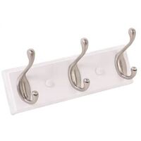 Wood Back 3 Hook Hanger, Brushed Nickel/White 10in.
