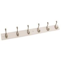 wood back 6 hook hanger, brushed nickel/white