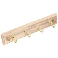 Wood Back 4 Hook Hanger, Polished Brass