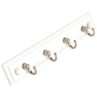 wood back 4 hook hanger, brushed nickel/white