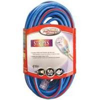 extension cord with lighted ends, 12/3 sjtw x 100 blue red stripe