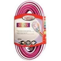 Lighted End Extension Cord, 12/3 Gauge x 50 Purple & White Stripe