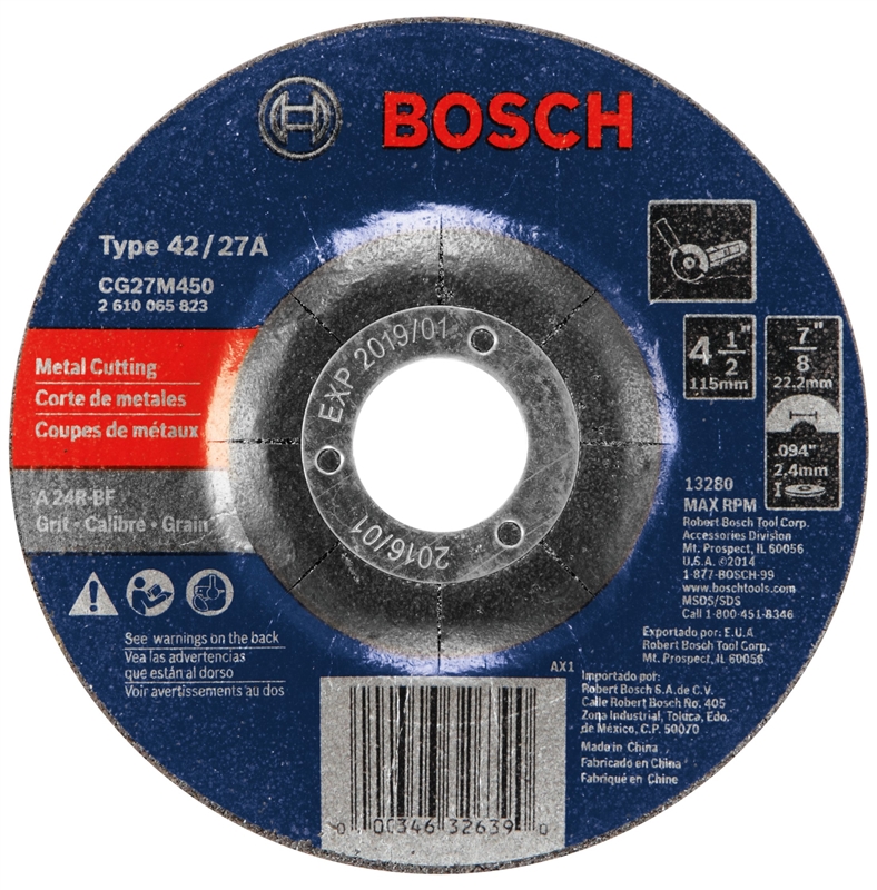 Bosch 326390 Type 27 Depressed Center Grinding Wheel, 41/2 in Dia x 3/