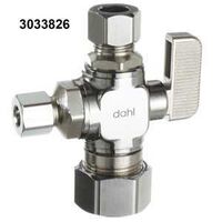 Dahl mini-ball 511-33-31-30 Straight Dual Outlet Valve, 5/8 x 3/8 x 1/4 in Connection, Compression, Brass Body