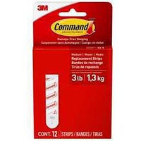 Command 17021-12ESF Medium Replacement Strip, 5/8 in W, 2-3/4 in L, Foam Backing, White, 1.3 kg