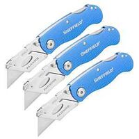 Sheffield 12514 Utility Knife, 3-Blade, Textured Grip Handle, Blue Handle