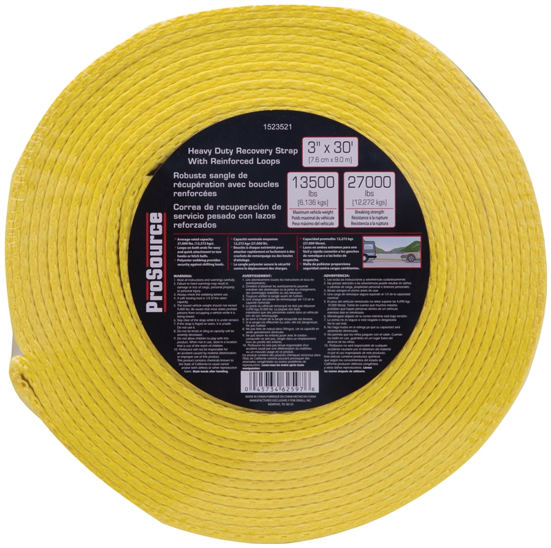 ProSource FH64064 Recovery Strap, 27,000 lb, 3 in W, 30 ft L, Polyester,  Yellow