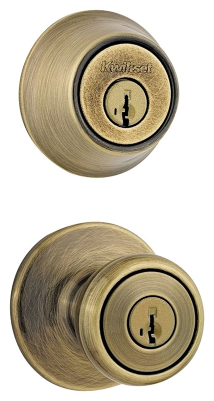 Kwikset 690T5CP6ALRCSK6 Knob Lockset, Grade, Keyed Key, Antique Brass,  2-3/8 x 2-3/4 in Backset, K6 Keyway