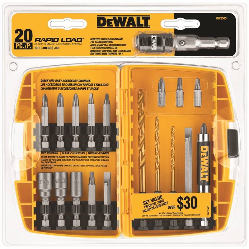 Dewalt DW2503 Rapid Load Quick Change Drill Bit Set, 20 Pieces, 3/8 1/2 in