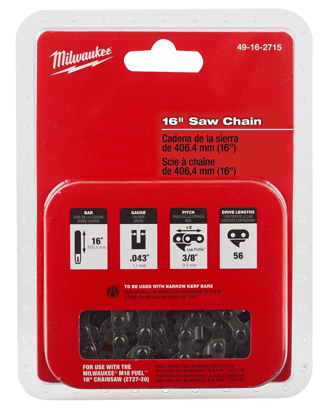 Milwaukee 49-16-2715 Chainsaw Chain, 16 in L Bar, 0.043 in Gauge, 3/8 in TPI/Pitch, 56 -Link