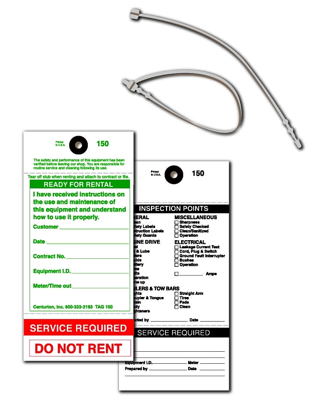 Centurion TAG150PT1 Rental Item Tag, READY-TO-RENT/SERVICE REQUIRED, 3-1/8 in W x 6-1/4 in H Dimensions
