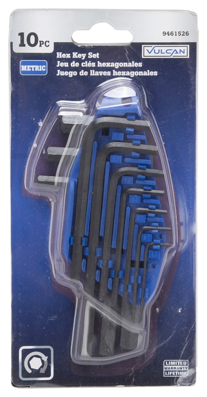 Vulcan TW-050-03 Hex Key Set, 10-Piece, Chrome Vanadium Steel, Black, Specifications: Short Arm, Metric Measurement