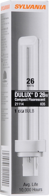 Sylvania 21114 Compact Fluorescent Bulb, 26 W, T4 Lamp, G24D-3 Lamp Base, 1710 Lumens, 3500 K Color Temp