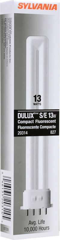 Sylvania 20314 Compact Fluorescent Bulb, 13 W, T4 Lamp, 2GX7 Lamp Base, 688 Lumens, 2700 K Color Temp, Soft White Light