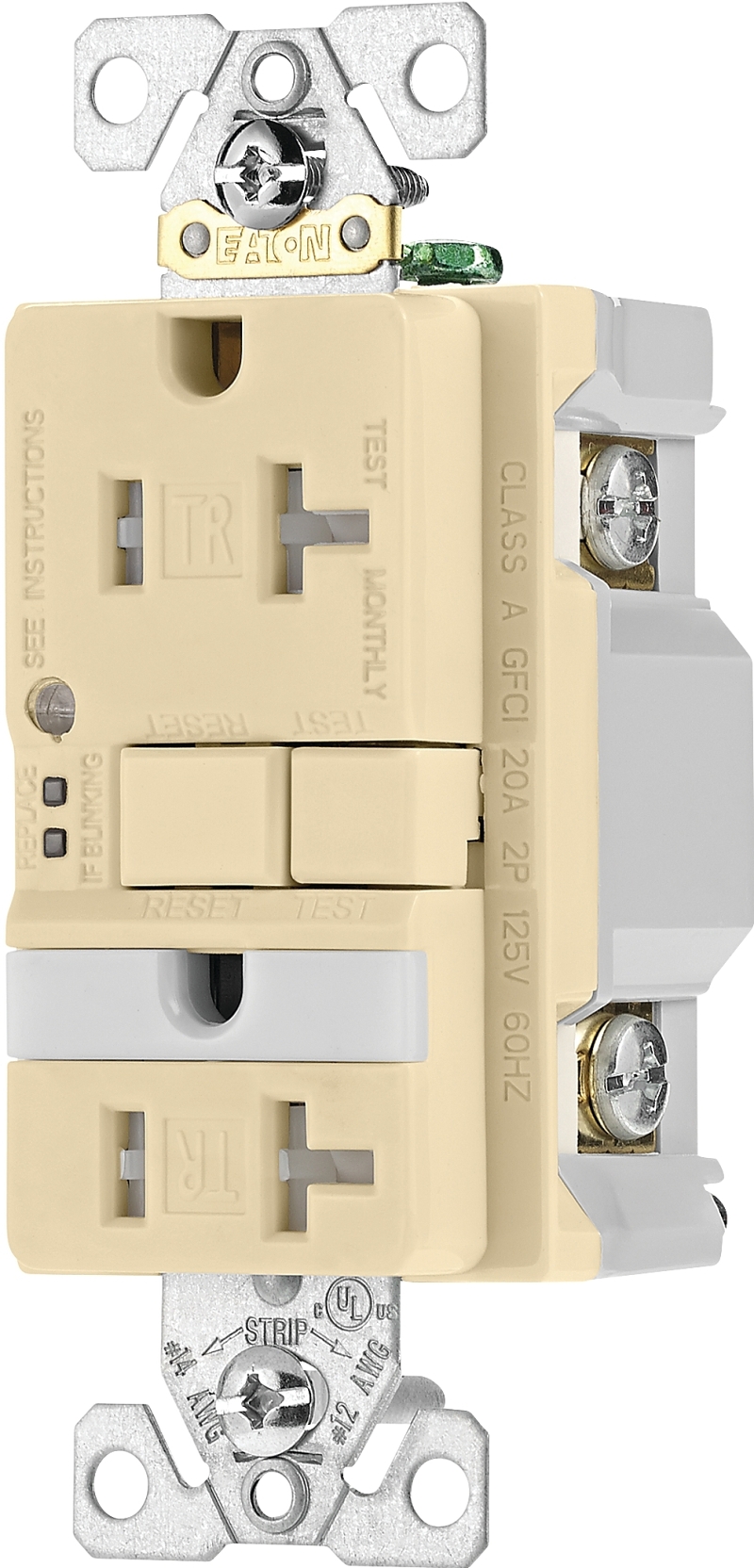 Eaton TRSGFNL20V GFCI Receptacle, 125 V, 20 A, NEMA: NEMA 5-20R, Back and Side Wiring, Ivory