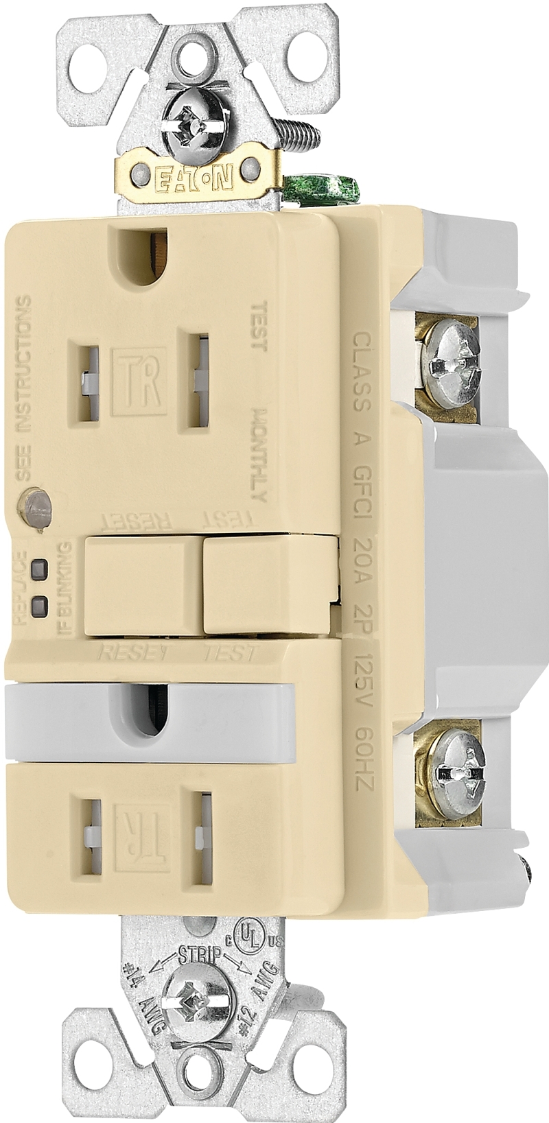 Eaton TRSGFNL15V-K/TRVG GFCI Receptacle, 125 VAC, 15 A, NEMA: NEMA 5-15R, Back and Side Wiring, Ivory