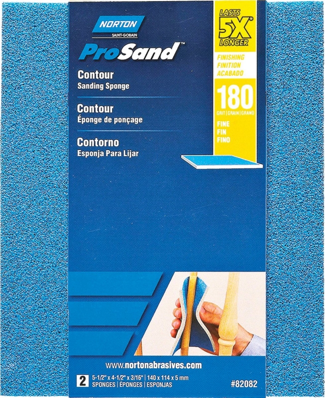 NORTON ProSand 82082 Sanding Sponge, 5-1/2 in L, 4-1/2 in W, 180 Grit, Fine, Aluminum Oxide Abrasive