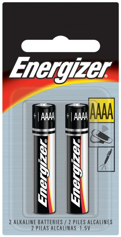 Energizer E96 E96-BP-2 Battery, 1.5 V Battery, 150 mAh, AAAA Battery, Alkaline, Manganese Dioxide, Zinc