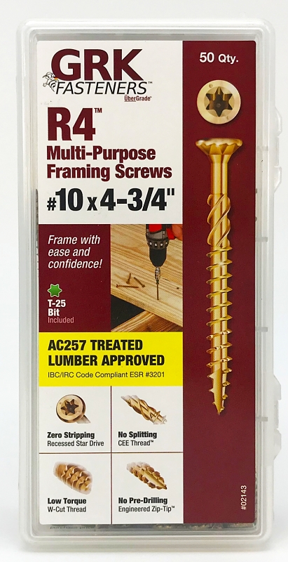 GRK Fasteners R4 02143 Framing and Decking Screw, #10 Thread, 4-3/4 in L, Star Drive, Steel, 50 PK