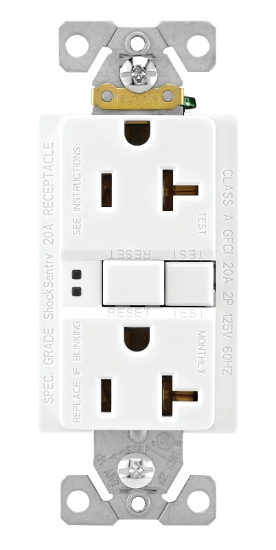 Eaton Wiring Devices SGF20W-L/VGF20W GFCI Duplex Receptacle, 2 -Pole, 20 A, 125 V, Back, Side Wiring, NEMA: 5-20R