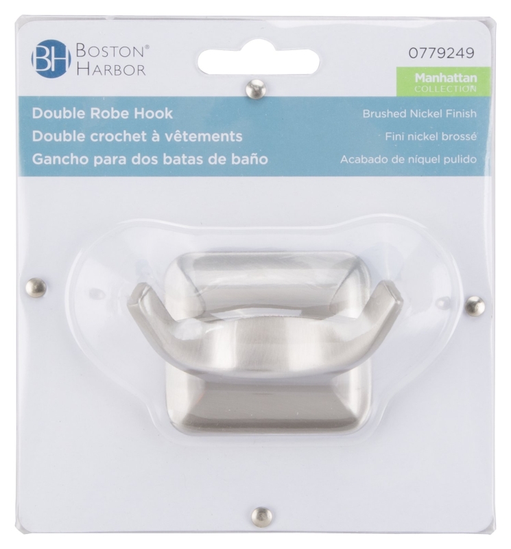 Boston Harbor 3653-07 Double Robe Hook, 2-Hook, Zinc, Brushed Nickel, Wall Mounting
