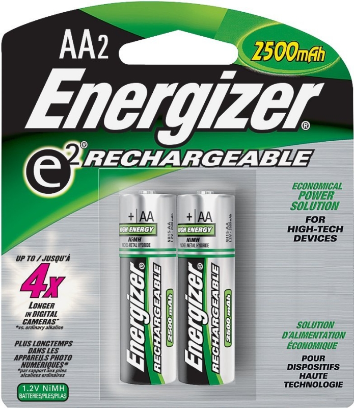 Energizer NH15BP-2 Rechargeable Battery, 1.2 V Battery, 2300 mAh, AA Battery, Nickel-Metal Hydride, Green/Silver