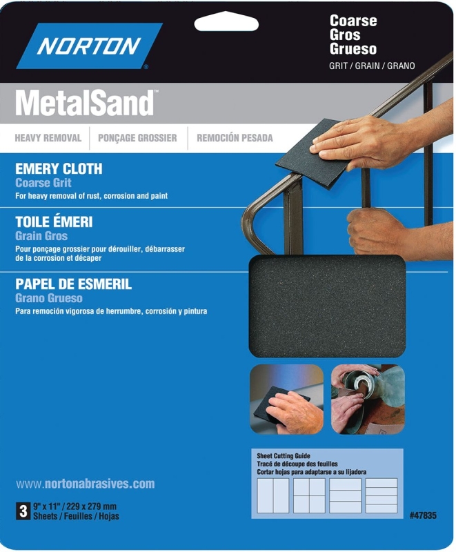 NORTON MetalSand 07660747835 Sanding Sheet, 11 in L, 9 in W, Coarse, 80 Grit, Emery Abrasive, Cloth Backing