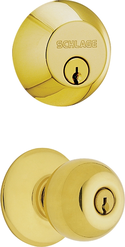 Schlage FB50NVPLY505 Knob Lockset, Mechanical Lock, Knob Handle, Round Design, Bright Brass, Yes, 1 Grade, Metal