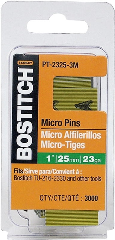 Bostitch PT-2325-3M Pin Nail, 0.64 in Dia, 1 in L, 23 ga Thick, Steel, Bright
