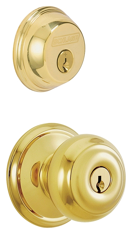 Schlage FB50VGEO505 Knob Lockset, Mechanical Lock, Knob Handle, Round Design, Bright Brass, Yes, 1 Grade, Rekeyable
