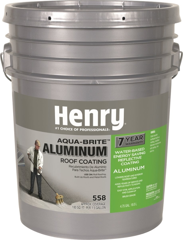 Henry HE558178 Roof Coating, Compositions: Water, Petroleum Asphalt, Talc, Aluminum, Clays, Acrylic Polymers, Silver