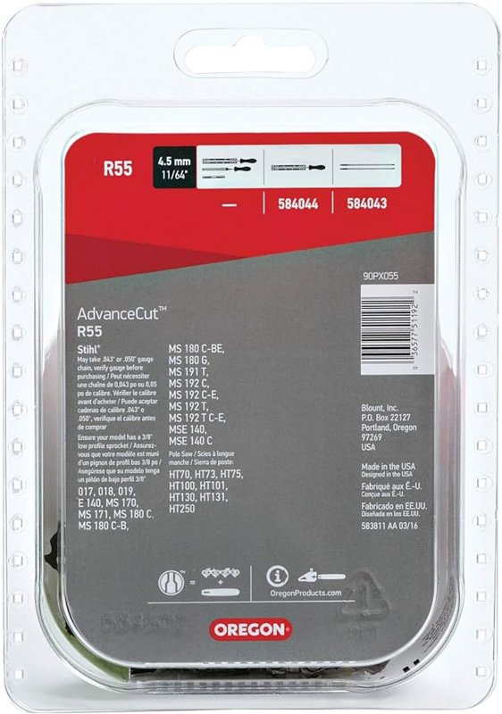 Oregon AdvanceCut R55 Chainsaw Chain, 16 in L Bar, 0.043 Gauge, 3/8 in TPI/Pitch, 55-Link