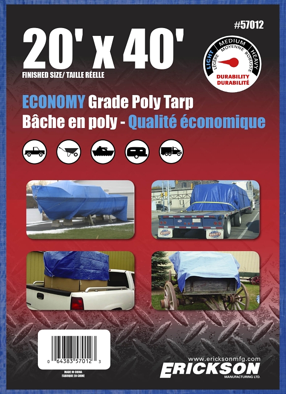 Erickson 57012 All-Purpose Tarp, 40 ft L, 20 ft W, Polyethylene, Blue