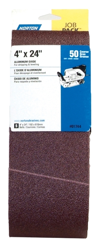 NORTON 01744 Sanding Belt, 4 in W, 24 in L, 50 Grit, Coarse, Aluminum Oxide Abrasive