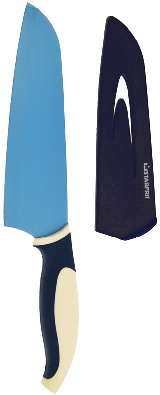 Starfrit 0938960060000 Santoku Knife, 7 in L Blade, Stainless Steel Blade, Navy Blue/White Handle
