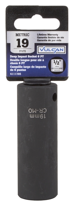 Vulcan MT6580217 Deep Impact Socket, 19 mm Socket, 1/2 in Drive, Deep Drive, 6-Point, Chrome Molybdenum Steel