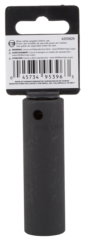 Vulcan MT6580213 Deep Impact Socket, 15 mm Socket, 1/2 in Drive, Deep Drive, 6-Point, Chrome Molybdenum Steel