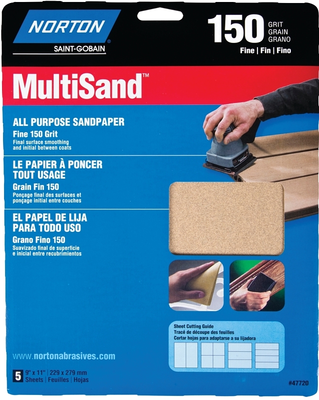 NORTON MultiSand 07660747720 Sanding Sheet, 11 in L, 9 in W, Fine, 150 Grit, Aluminum Oxide Abrasive