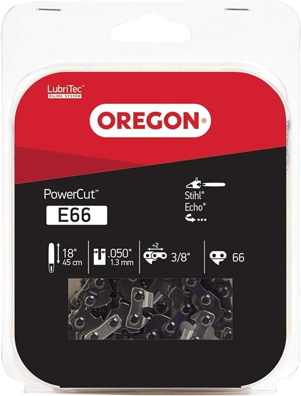 Oregon PowerCut E66 Chainsaw Chain, 18 in L Bar, 0.05 Gauge, 3/8 in TPI/Pitch, 66-Link
