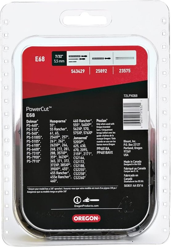 Oregon PowerCut E68 Chainsaw Chain, 18 in L Bar, 0.05 Gauge, 3/8 in TPI/Pitch, 68-Link