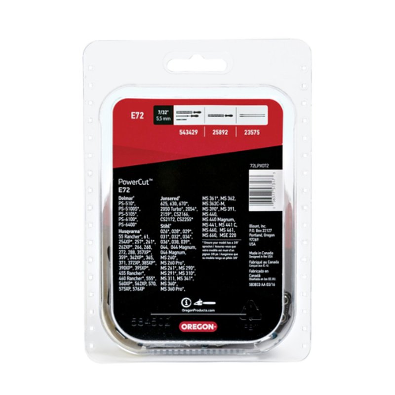 Oregon PowerCut E72 Chainsaw Chain, 20 in L Bar, 0.05 Gauge, 3/8 in TPI/Pitch, 72-Link