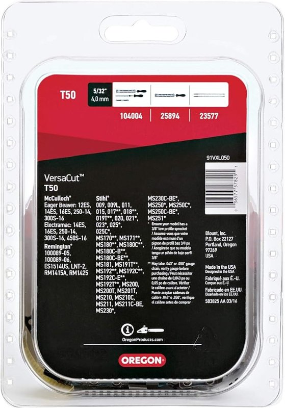 Oregon VersaCut T50 Chainsaw Chain, 14 in L Bar, 0.05 Gauge, 3/8 in TPI/Pitch, 50-Link