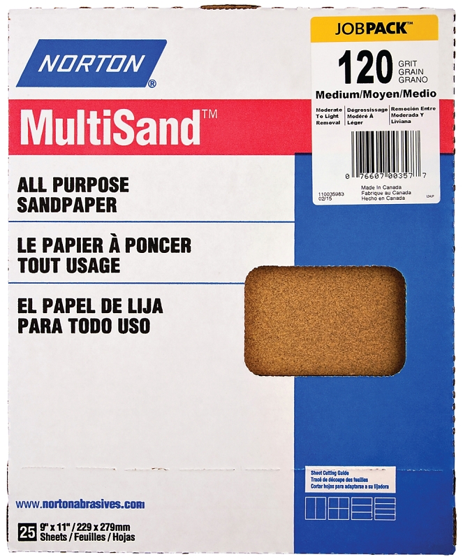 NORTON Adalox 07660700159 Sanding Sheet, 11 in L, 9 in W, Medium, 120 Grit, Aluminum Oxide Abrasive, Paper Backing