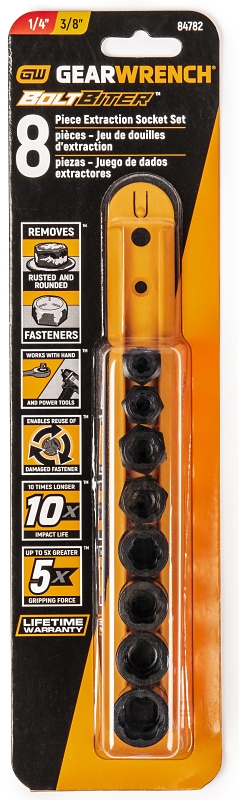 GearWrench 87911 Bolt Biter Series Socket Set, Chrome Molybdenum Alloy, Black Oxide, Includes: Socket Rail
