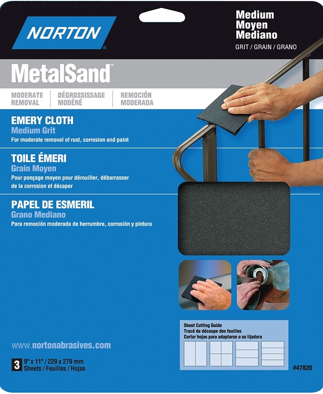 NORTON MetalSand 07660747820 Sanding Sheet, 11 in L, 9 in W, Medium, Emery Abrasive, Cloth Backing
