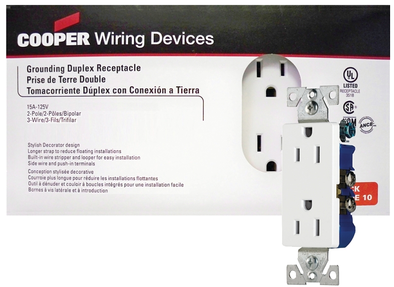 Eaton Wiring Devices 1107W-JP-C Duplex Receptacle, Nylon, White, 2-Pole, 15 A, 125 V, Back, Side Wiring