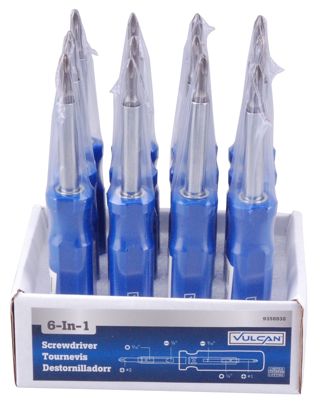 Vulcan CC922 Multi-Bit Screwdriver, Slotted: 3/16 in, 1/4 in, Phillips: #1, #2, Nutdriver: 1/4 in, 5/16 in Drive