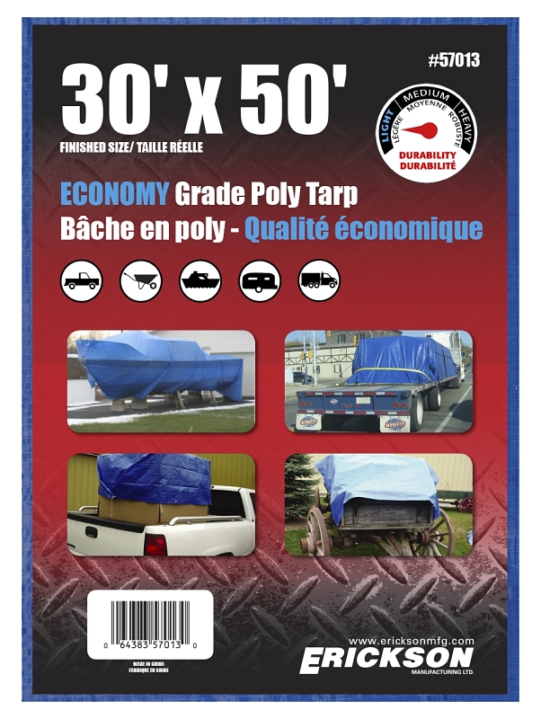 Erickson 57013 All-Purpose Tarp, 50 ft L, 30 ft W, Polyethylene, Blue