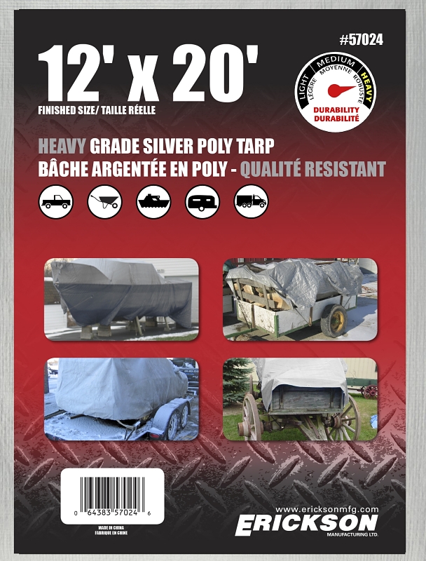 Erickson 57024 Heavy-Grade Tarp, 20 ft L, 12 ft W, Poly, Silver