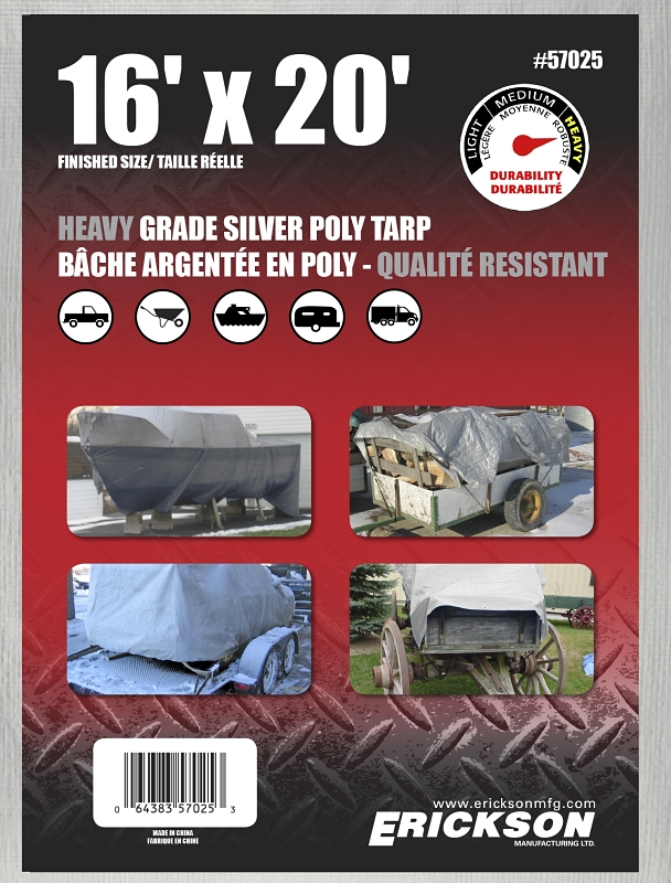 Erickson 57025 Tarp, 20 ft L, 16 ft W, 10 mil Thick, Polyethylene, Silver